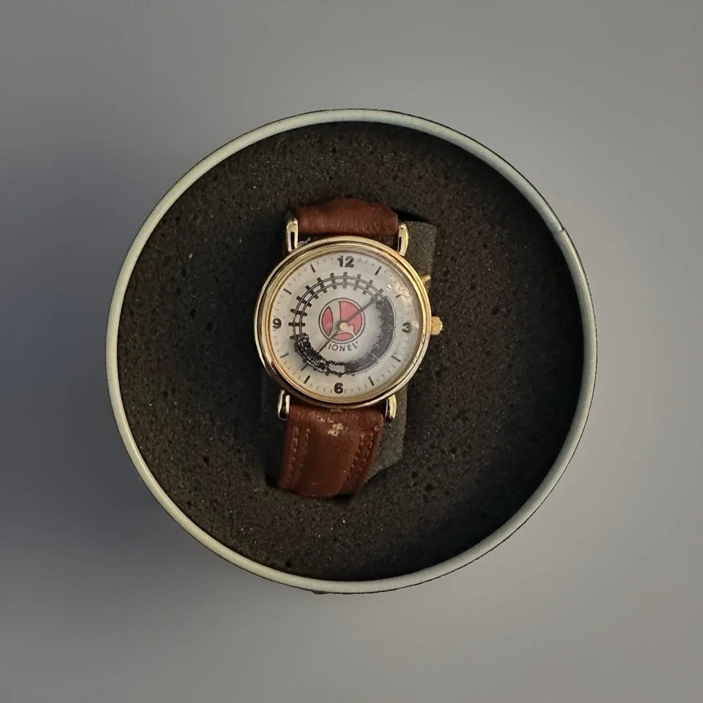 Lionel Train Watch Animated Sec & Sound Brown Leather Band Gold Case COA & Tin